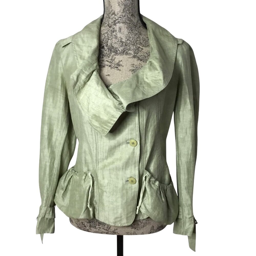 DONNA KARAN Black Label Sage Green Linen Silk Lagenlook Jacket Pockets Italy S